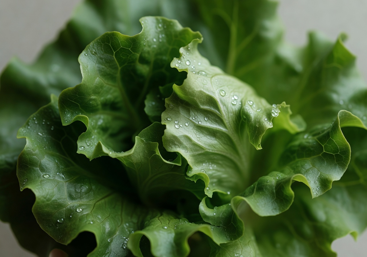 Frische grüne Salatblätter mit Tautropfen